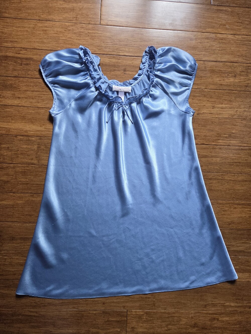 Oscar de la Renta Pink Label Blue Satin Nightgown Ruffle Bow Size S